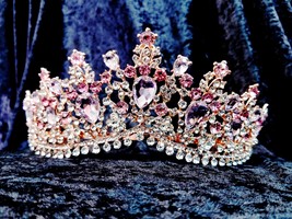 Rhinestone Crystal Tiara, Pink Crown Tiara, Statement Pageant Jewelry, Head Band - £55.19 GBP