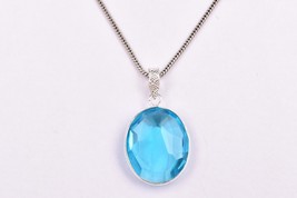 Rhodium Polished Handcrafted Blue Topaz Oval Shape Women Pendant Necklace Gift - £16.21 GBP+