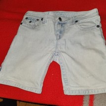 True Religion Size 28 Lt Blue Fringe Side Slits Cut Off Shorts, pink stitching - £14.64 GBP