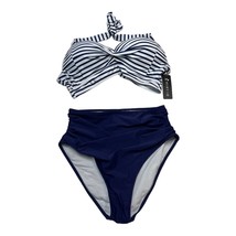 Womens M Retro Bikini Blue Striped Halter High Waist Ruched Bottom Pin U... - $14.89