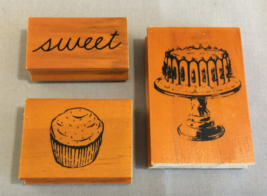 Cavallini Sweet Treats Set of 3 Wood and Rubber Stamps Cupcakes Crafts Birthday - £3.10 GBP