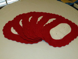 6 Handmade place mats set place mats Hand Crocheted red &amp; white scalloped - £25.41 GBP