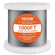 VEVOR T316 Stainless Steel Cable 1/8&quot; 7x7 Steel Wire Rope 1000 ft Cable Railing - £176.33 GBP