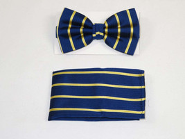 Men Bow Tie Hankie J.Valintin Formal or Business #BT24 Blue Gold Stripe - £15.70 GBP