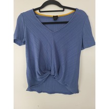 W5 Blouse Medium Womens Short Sleeve Blue V Neck Pullover Gathered Front - £15.59 GBP