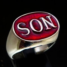 Oval Sterling silver letter ring SON one word capital letters with Red enamel hi - £56.26 GBP