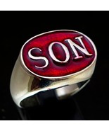 Oval Sterling silver letter ring SON one word capital letters with Red e... - $95.32 CAD