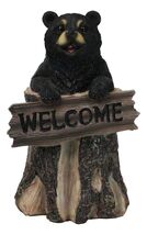 Whimsical Forest Black Bear On Tree Log Holding Welcome Plank Sign Figur... - $20.49