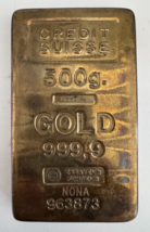 Tarnished Brass Paperweight “Credit Suisse 5 G Fine Gold 999.9” Not Real... - $29.69