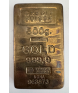 Tarnished Brass Paperweight “Credit Suisse 5 G Fine Gold 999.9” Not Real... - $29.69