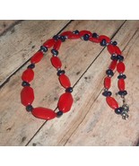 Necklace Bead Glass Red Blue w Metal Spacers 22&quot; Long Lobster Clasp Upcy... - $10.00