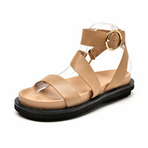 Sandals Women Sheepskin Genuine Leather Ankle Strap Metal Ring Buckle Lady Summe - £130.81 GBP