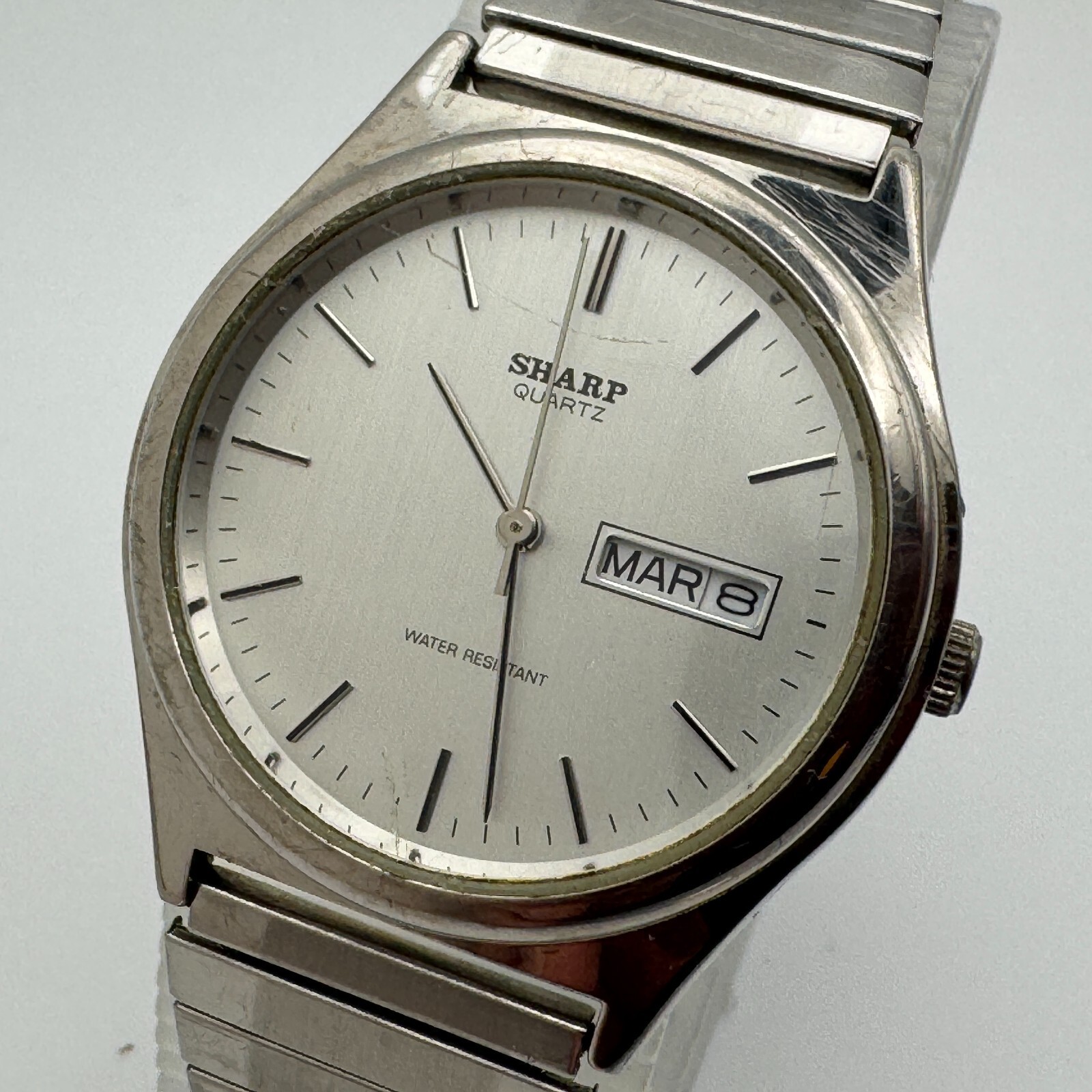 Vintage Sharp Quartz Watch Men Silver Day Date Stretch Japan Analog New ... - $26.59