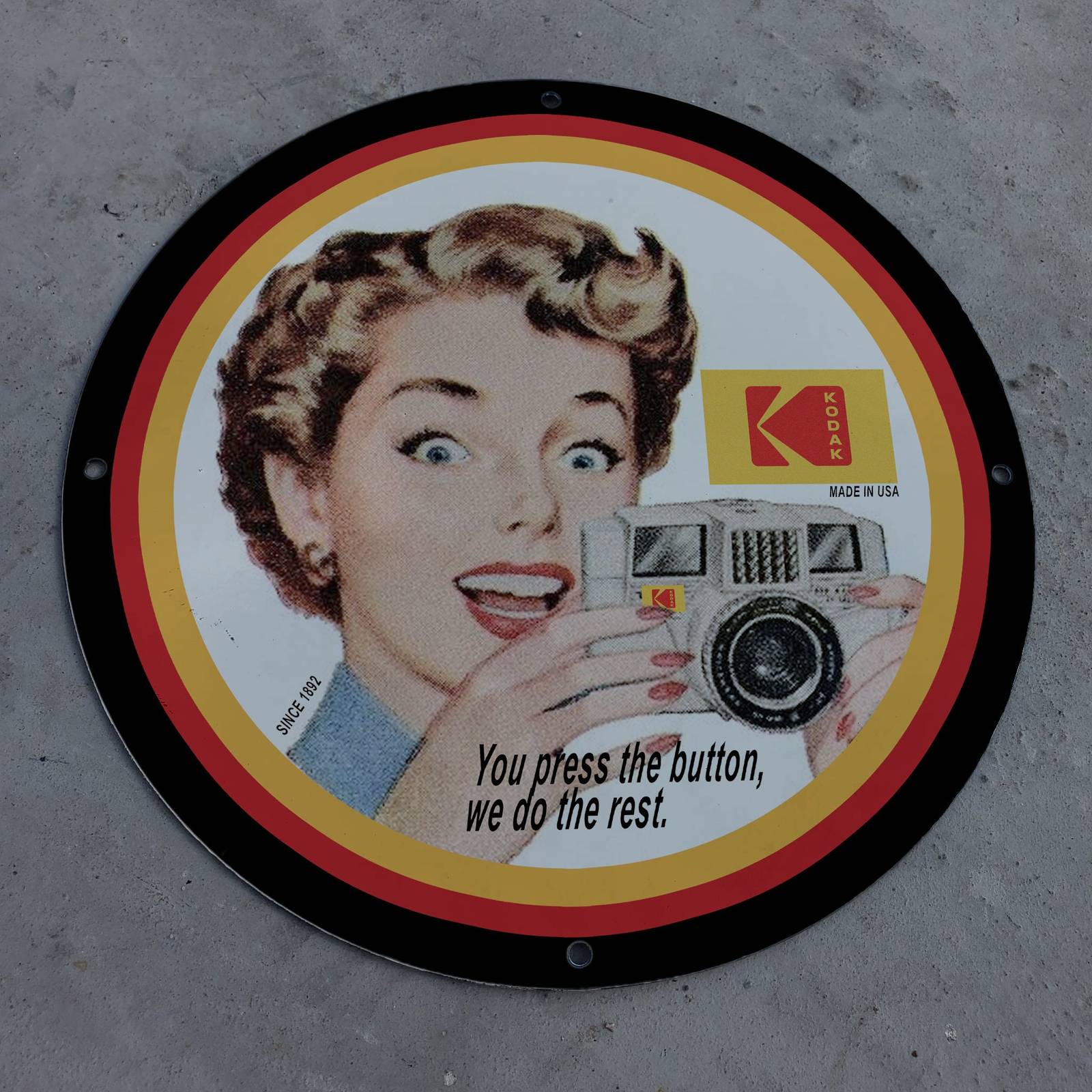 Vintage 1892 Kodak 'You Press The Button We Do The Rest' Porcelain Gas-Oil Sign - $125.00