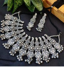 Indian Bollywood Style Indian Oxidised German Silver Choker Necklace Jewelry Set - £29.70 GBP