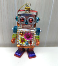 Silver multicolored  Retro Toy Robot Blown Glass Christmas Tree Ornament - £11.86 GBP