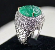 Natural Zambian Emerald 10 Carats Pear Carved White Diamond Ladies 18K Gold Ring - £4,132.73 GBP