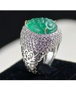 NATURAL ZAMBIAN EMERALD 10 CARATS PEAR CARVED WHITE DIAMOND LADIES 18K G... - £4,176.63 GBP