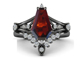 Red Garnet Coffin Shaped Engagement Ring Set Gold P. Art Deco Vintage Ring Set - £111.06 GBP