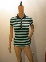 TORY BURCH Stripe Short Sleeve Navy &amp; Teal Henley Polo Top XS VG-EUC - £23.94 GBP