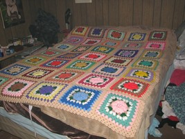 Crochet Afghan, Bed Spread Lovely Hand Knit Granny Squares 42 x 65 inches - $87.12