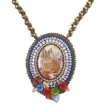 Beadwork Crystal Bunny Rabbit Cabochon Necklace Flower Beaded Chain Came... - $39.59