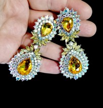 CLIP ON Rhinestone Chandelier Earrings, Topaz Bridal Jewelry, Pageant or Prom Je - £29.90 GBP