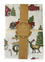 Aspen Red Farm Truck Fabric Tablecloth 60x102&quot; Oblong Christmas Country Cabin - £43.09 GBP