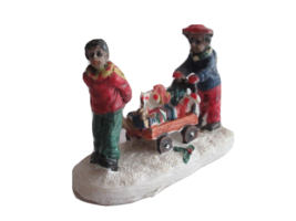 Christmas Village Figurine 2 Boys Pulling Wagon Gifts with Presents 1.7" Resin - $9.92