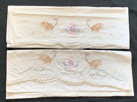 Vintage Embroidered Pillowcases with Floral &amp; Butterfly Design Lace Trim... - $25.88