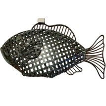 Green Metal Fish Design Wall Decor Painted Wrought Iron Fish Textural Detail  - $14.22