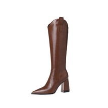  genuine leather knee high boots thick super high heel pointed toe western boots zipper thumb200