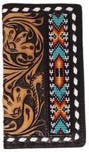 Men&#39;s Western Antique Floral Tooled Leather Beaded Inlay Rodeo Wallet 18... - $46.52