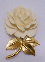 CARVED ROSE Flower Vintage Figural BROOCH PIN Off White Resin Gold Tone ... - £25.85 GBP
