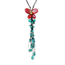 Red Coral Butterfly Tassel Turquoise Stones Necklace - £13.81 GBP