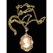 Gorgeous celluloid gold-plated cameo necklace, on long chain - £42.28 GBP