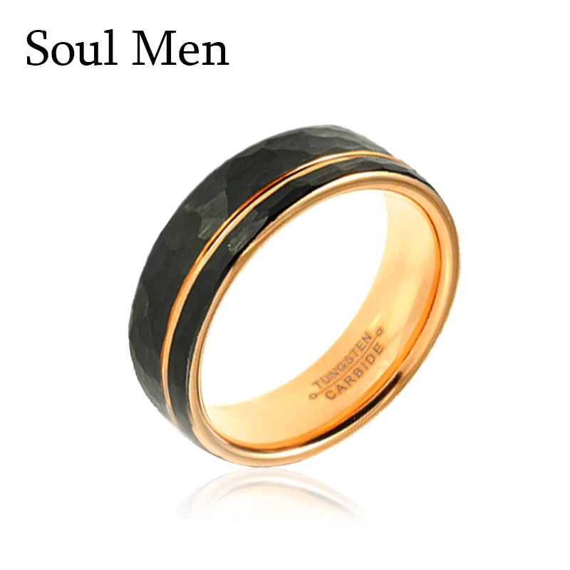 8MM Mens Black And Gold Tungsten Carbide Ring Hammer Comfort Fit Multi-Faceted M - £23.07 GBP