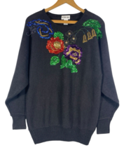 Victoria Jones Sweater Size Small Sequin Embroidered Floral Black Ramie ... - $922.31 MXN