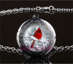 Cardinal Red Bird Cabochon LOCKET Pendant Gun Black Chain Necklace USA Ship #199 - $15.00