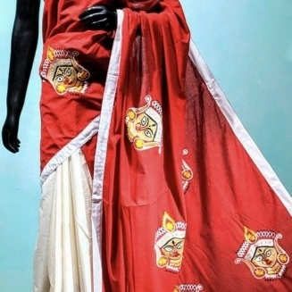 White and Red God Durga face embroidery work khadi cotton saree for woman  - $80.00