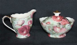 3-Pc Peppertree Tea Ware Shabby Pink Roses Green Creamer &amp; Sugar Gold Accents - £23.16 GBP