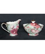 3-Pc Peppertree Tea Ware Shabby Pink Roses Green Creamer &amp; Sugar Gold Ac... - $39.77 CAD