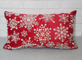 Red Velvet Silver White Snowflake Beaded Throw Pillow Decor Holiday 14x2... - $36.99