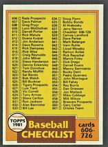 1981 Topps Baseball Card Checklist 638 cards 606-726 nr mt - £0.39 GBP