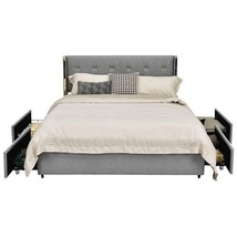 Full Size Grey/Gold Linen Headboard 4 Drawer Storage Platform Bed - $9,839.22 MXN