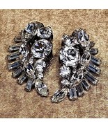 Vintage 1950s Sherman Clear Rhinestone Earrings Clip Ons Leaf Shape 1.25&quot; - $66.57