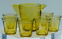 Akro Agate Glass Childs Water Set for 6 in Box Amber 1045 Topaz Pitcher &amp; 6 - £47.95 GBP