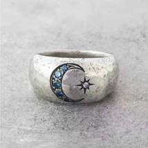 Vintage Style Blue Zircon Ring Carved with Sun and Moon Silver Plated Size 8.5 - £19.37 GBP