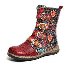 Socofy Women Boots Retro Printed Metal Buckle Genuine Leather Zipper Ankle Boots - £115.91 GBP