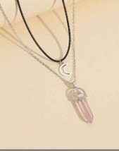 Set of 2 Necklaces - Crescent Moon Charm - Pink Aura Quartz healing crystal - £10.05 GBP